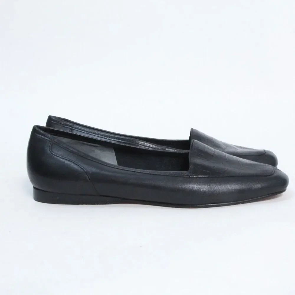 Enzo Angiolini Women's Black Croc Embossed Leather Square Toe Ballet Flats 8M